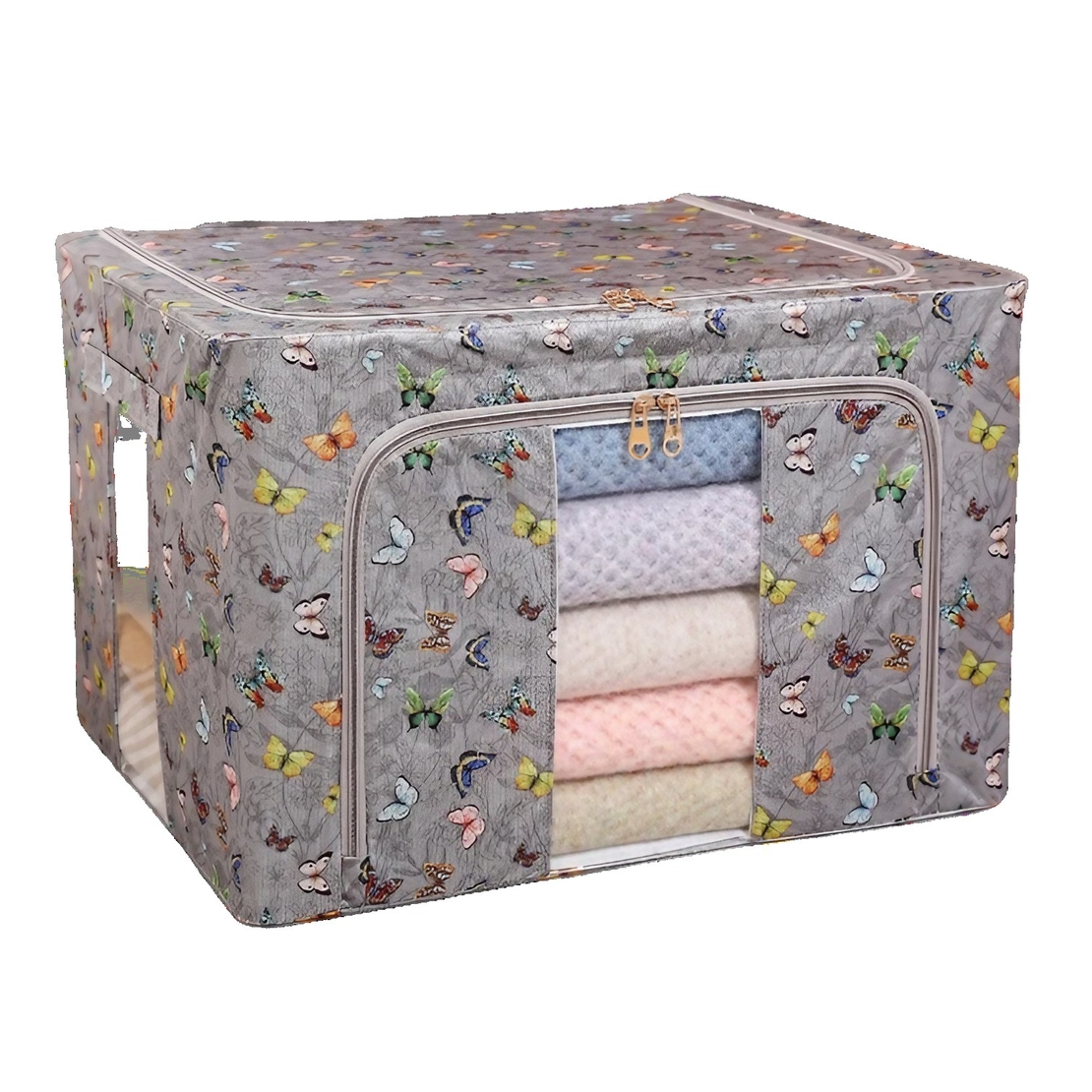 Cutie Depozitare, Vafy, 66L, din Material Textil, 50 x 40 x 33 cm, pentru Haine si Lenjerii, Model Fluturasi, Gri Inchis