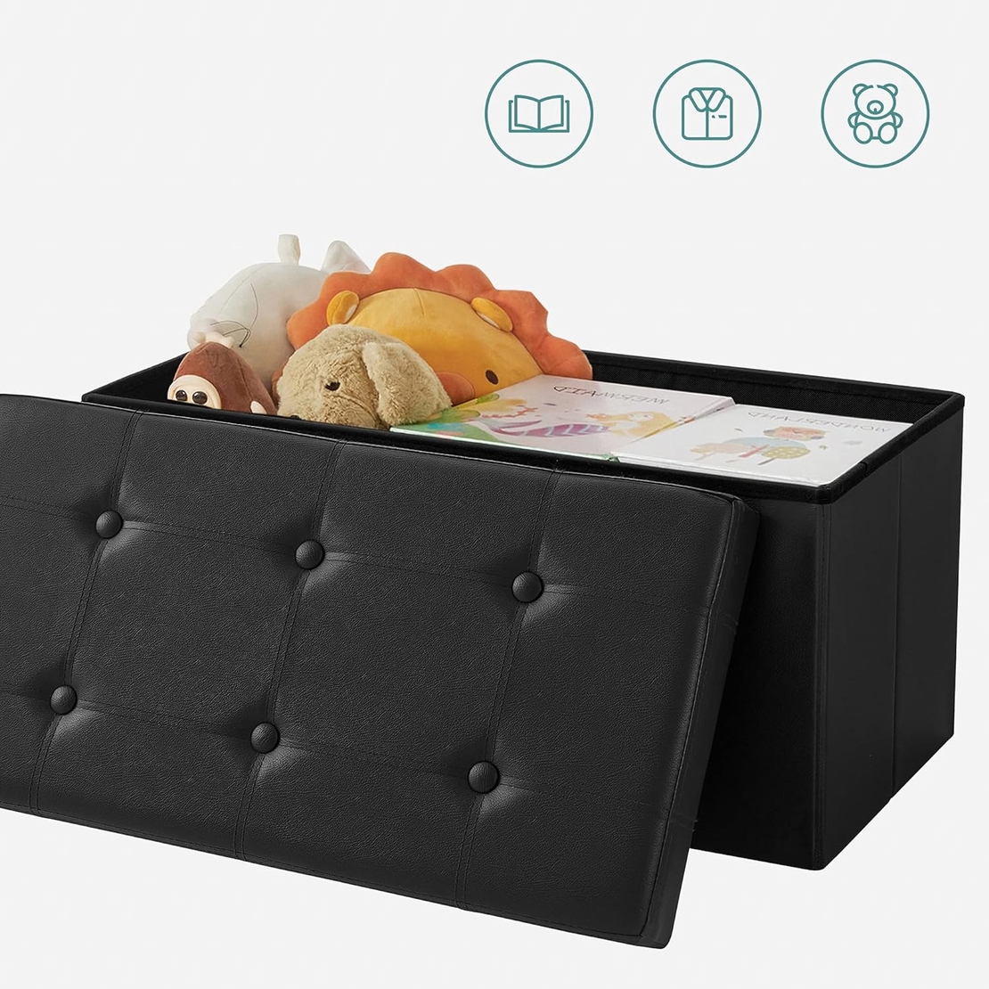 SONGMICS Taburet pliabil cu sezut moale, spatiu de depozitare 80litri, maxim 300kg, 76x38x38cm, negru