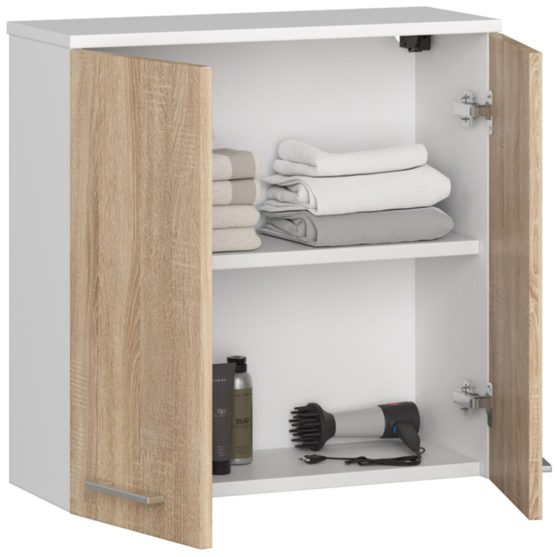 Dulap baie suspendat, cu 2 usi si 1 raft interior, PAL 16 mm, 60x23x60 cm, alb si stejar sonoma