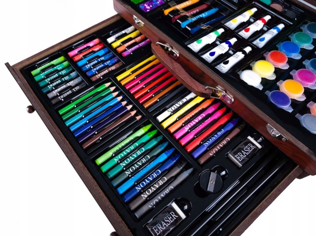 Set desen si pictura XL 130 piese cu valiza din lemn, 37x23x8 cm, multicolor