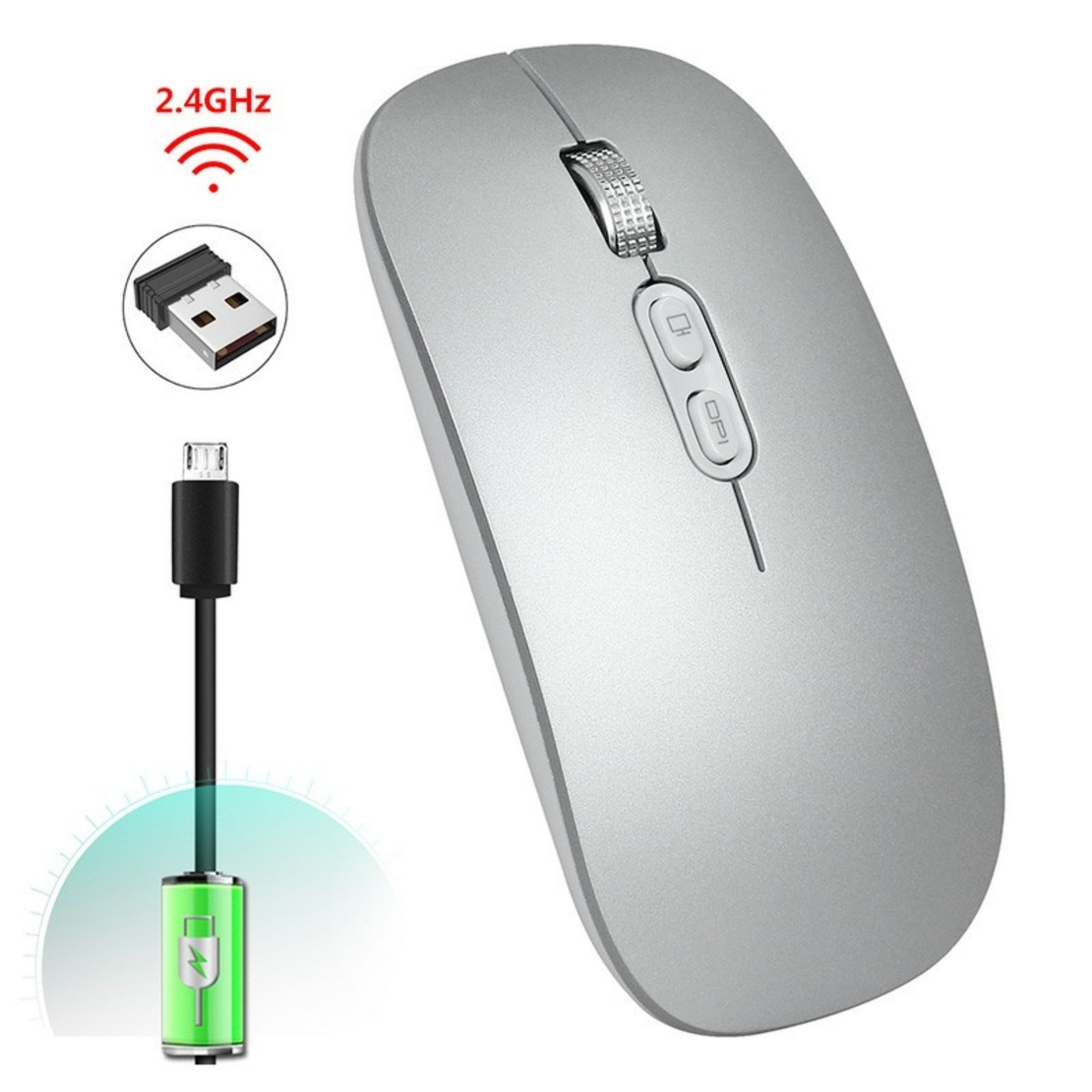 Mouse Wireless Reincarcabil, Vafy, Compatibil Windows/macOS, Bluetooth 5.1 + 2.4GHz, Silentios, DPI 800/1200/1600, Argint
