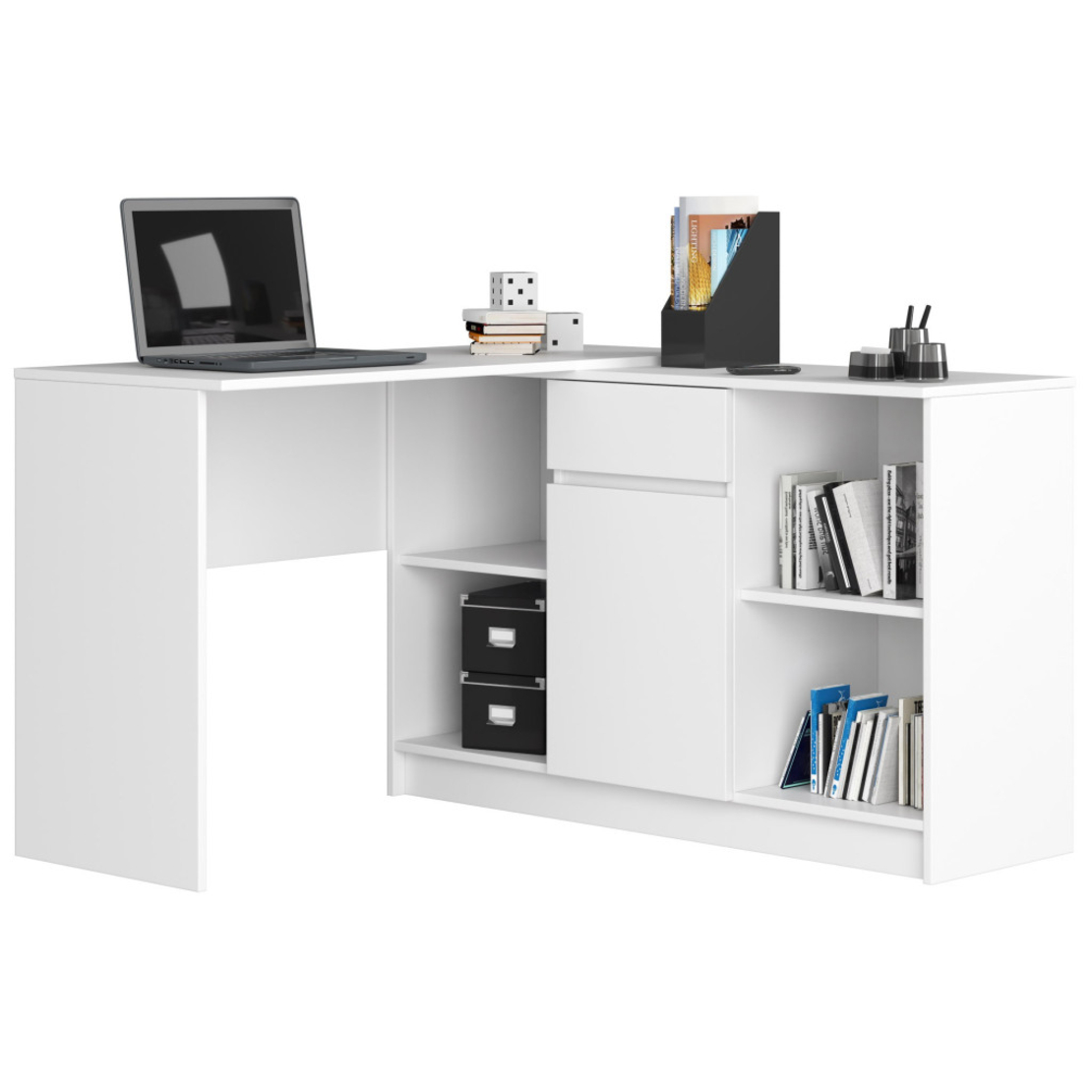 Birou de colt cu sertar, usa si 6 rafturi, PAL laminat 16 mm, 120x126x79 cm, alb
