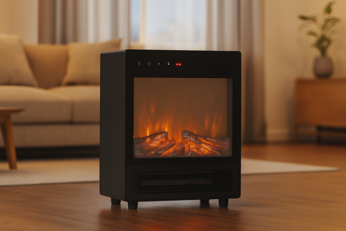 Semineu electric cu efect de flacara, 2000W, 2 trepte, termostat, 29x16x39 cm, negru