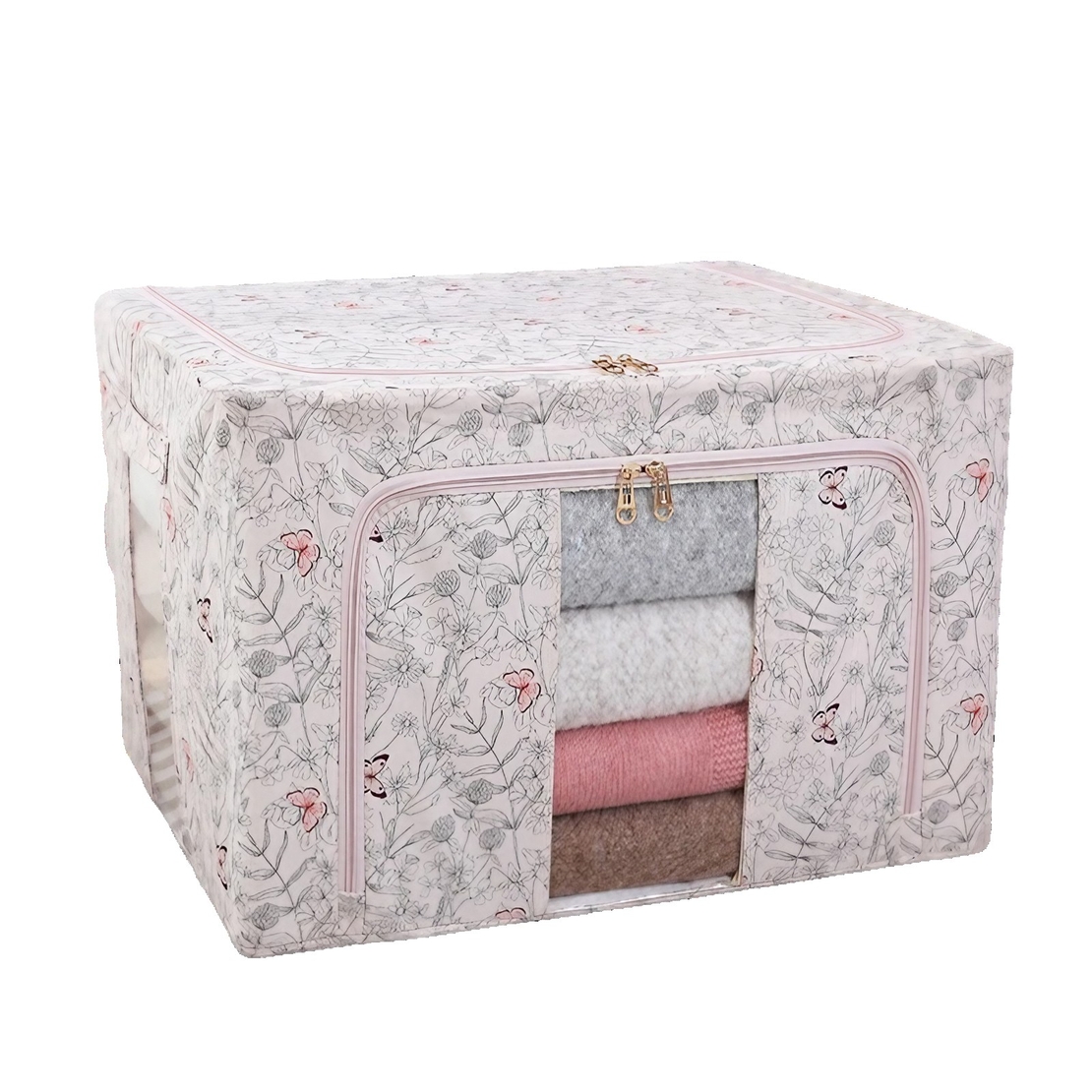Cutie Depozitare, Vafy, 66L, din Material Textil, 50 x 40 x 33 cm, pentru Haine si Lenjerii, Model Fluturasi, Roz