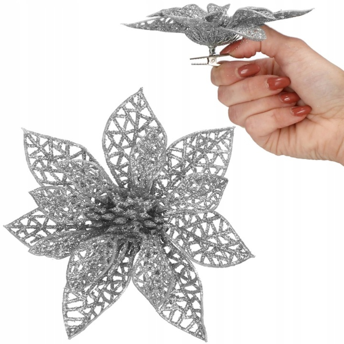 Set 10 ornamente pentru bradul de Craciun, stea Poinsettia, 10cm, argintiu