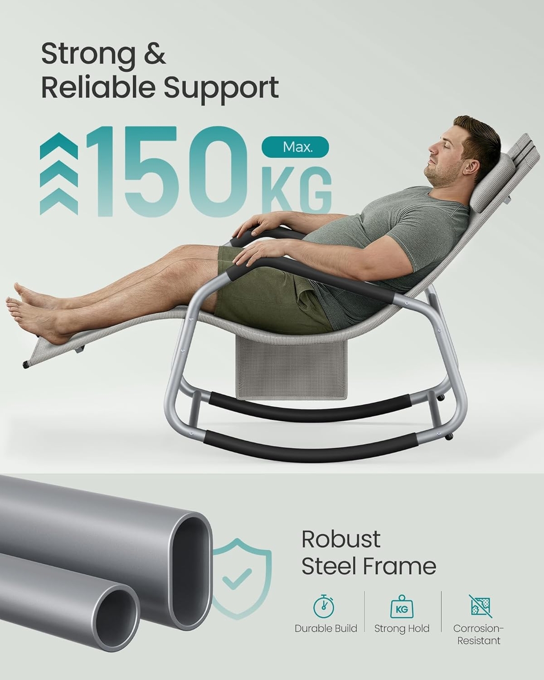 SONGMICS Sezlong balansoar gradina, cu tetiera reglabila si buzunar lateral, cadru otel, maxim 150 kg, 151x56x97 cm, gri