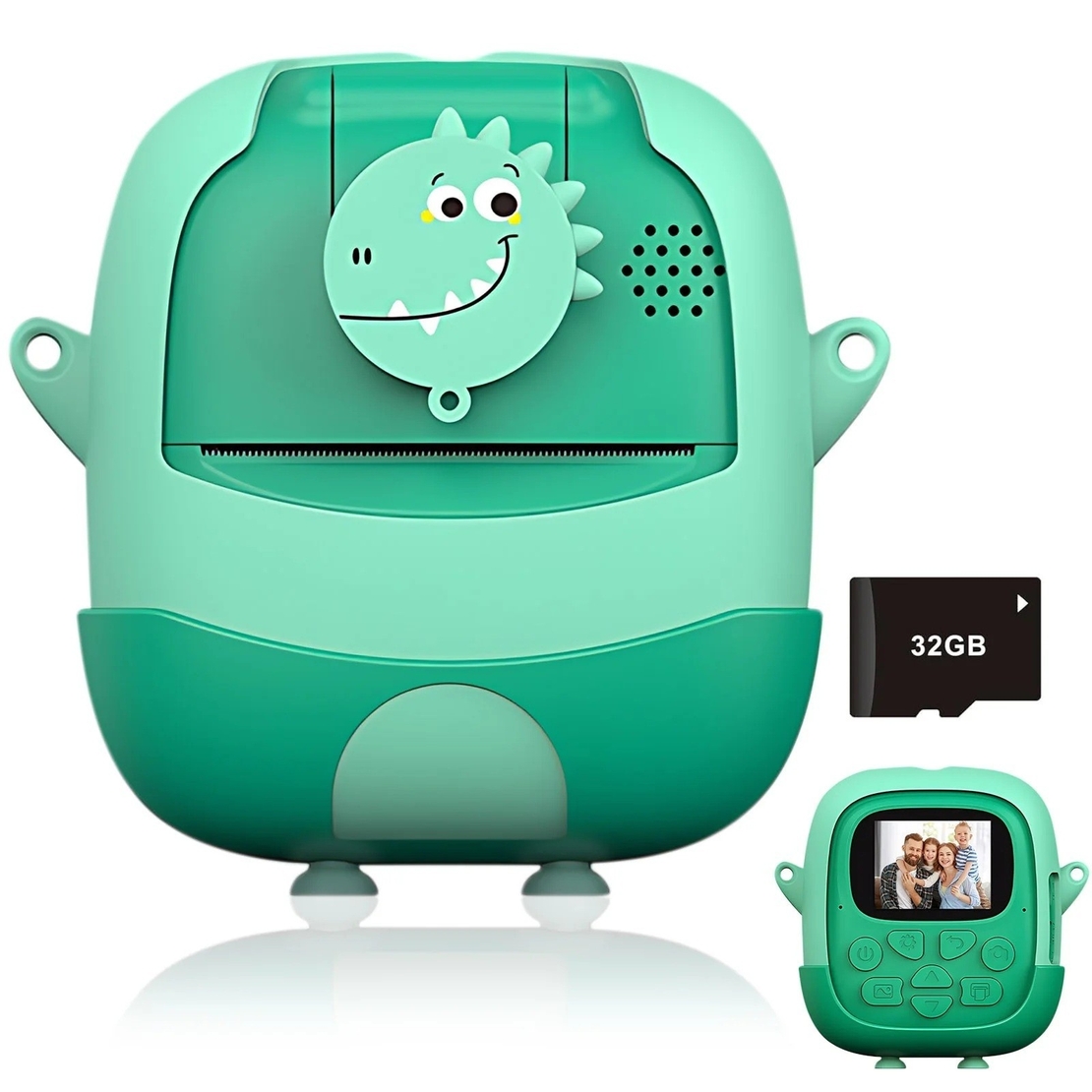 Camera Instantanee pentru Copii, Flippy, cu Functie de Printare, Cablu USB-C, Bluetooth, Compatibil iOS/Android, Camera Frontala + Selfie, Model Iepure, Snur Inclus, Verde