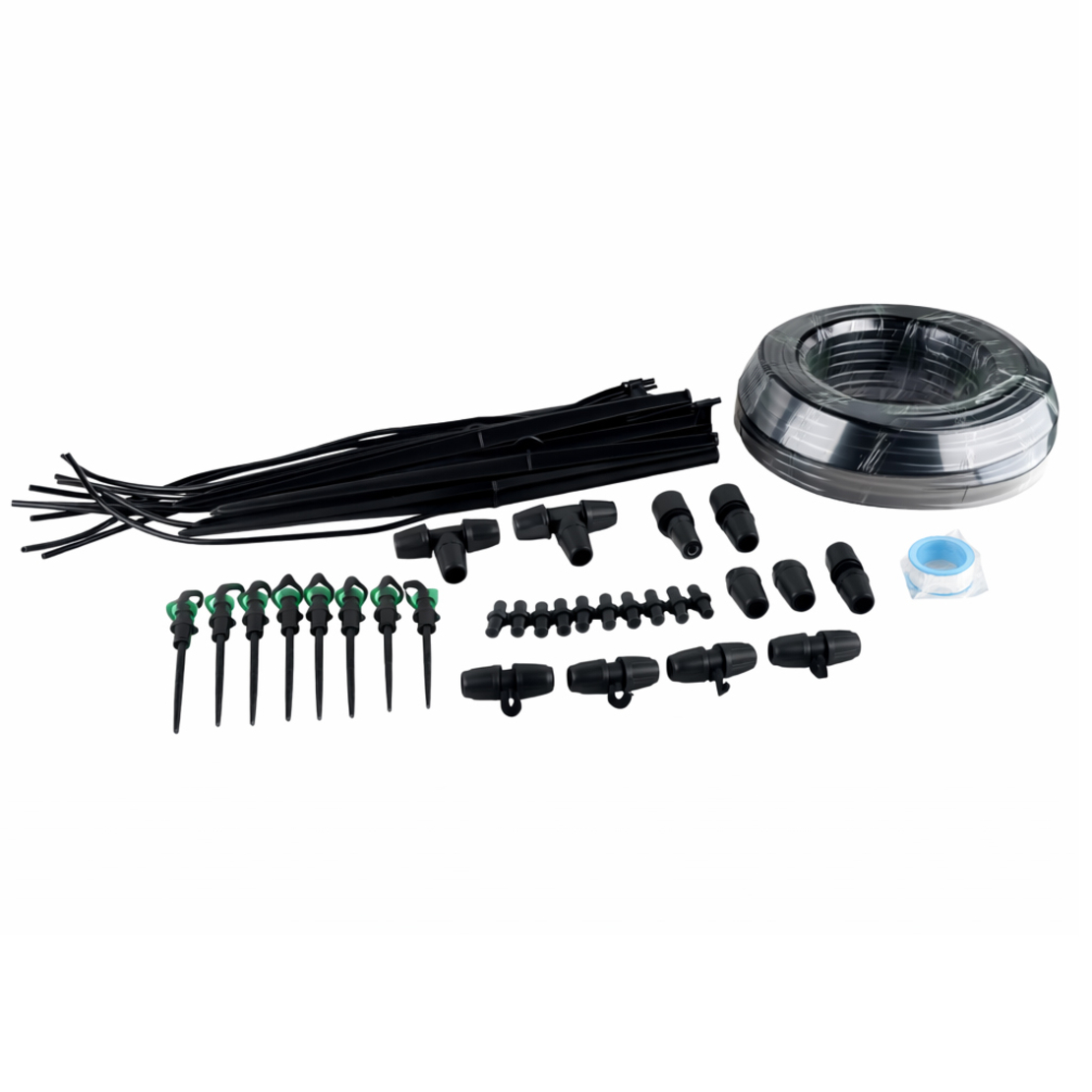 Set irigare gradina cu micro-aspersoare rotative, furtun PVC 30 metri, sistem udare plante si sere, negru