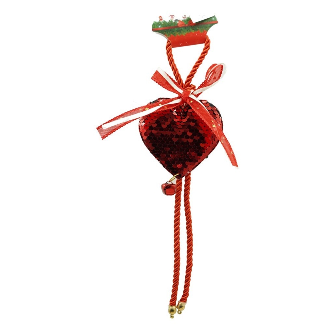 Ornament de brad inima cu paiete, Flippy, rosu, lemn, 25 cm