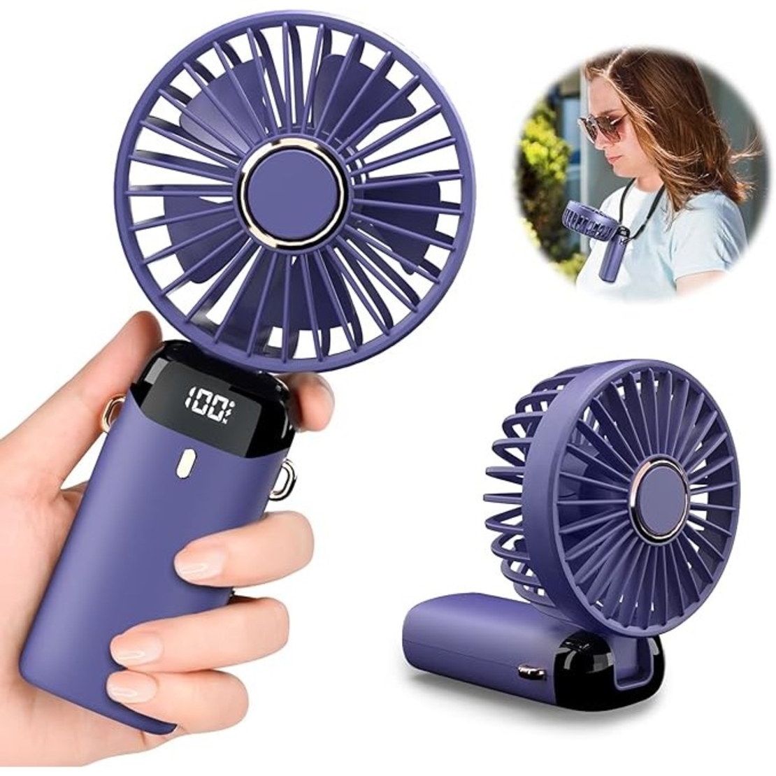 Ventilator Ultra Portabil cu Aromaterapie, Vafy, 3 in 1, de Mana, de Birou, de Gat, 5 Trepte de Viteza, Incarcare USB, Autonomie 12h, Pliabil, cu Ecran LCD, Mov