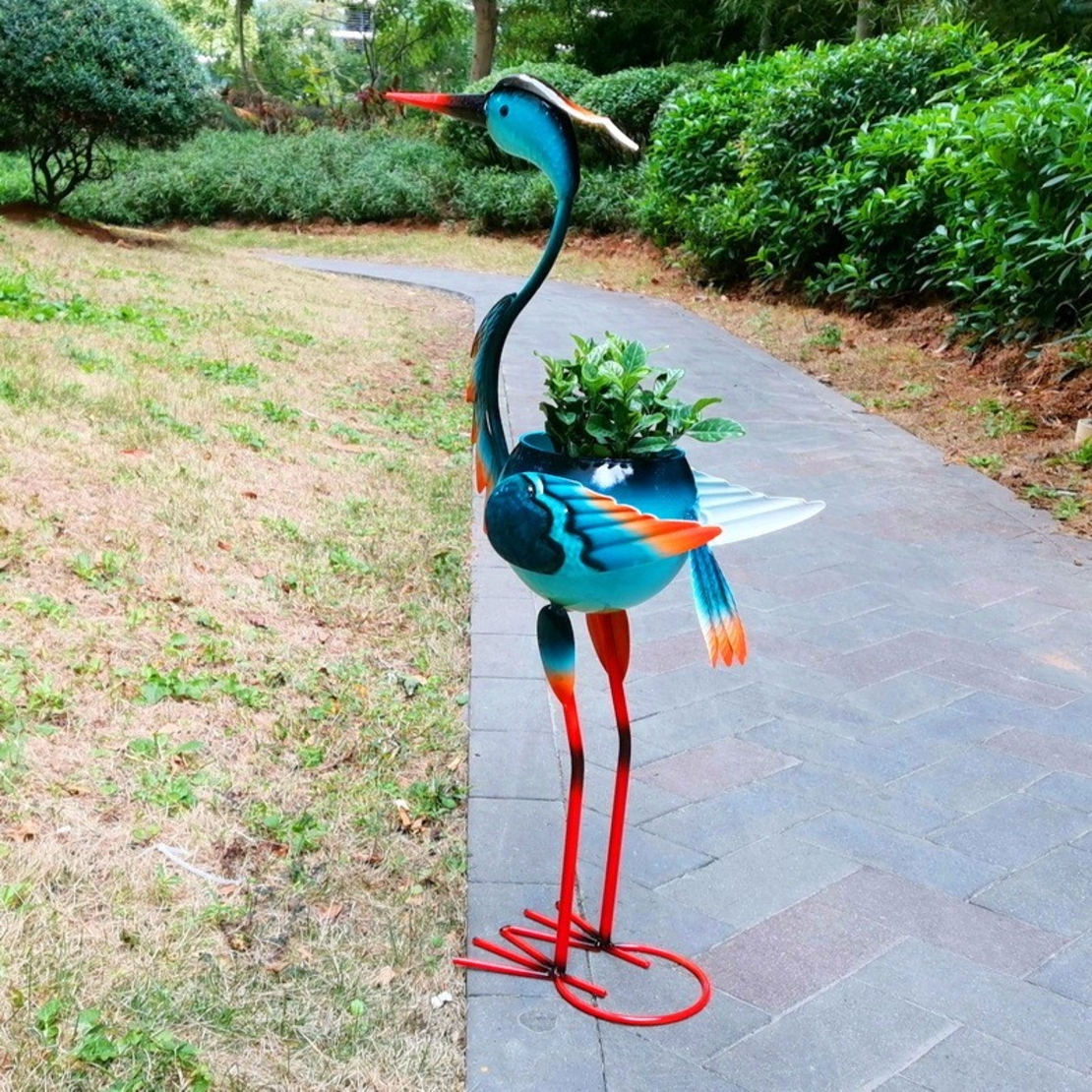Decoratiune pentru Gradina, Vafy, Flamingo pentru Gradina cu Suport pentru Plante Flori, Ornament de Ghiveci de Flori, Model Flamingo, din Fier, 71 x 34 x 22 cm, Albastru