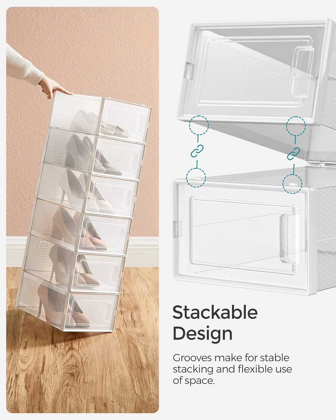 SONGMICS Organizator pantofi cutii stivuibile, cu usa transparenta, plastic, 8 module de 33x23x14 cm, alb