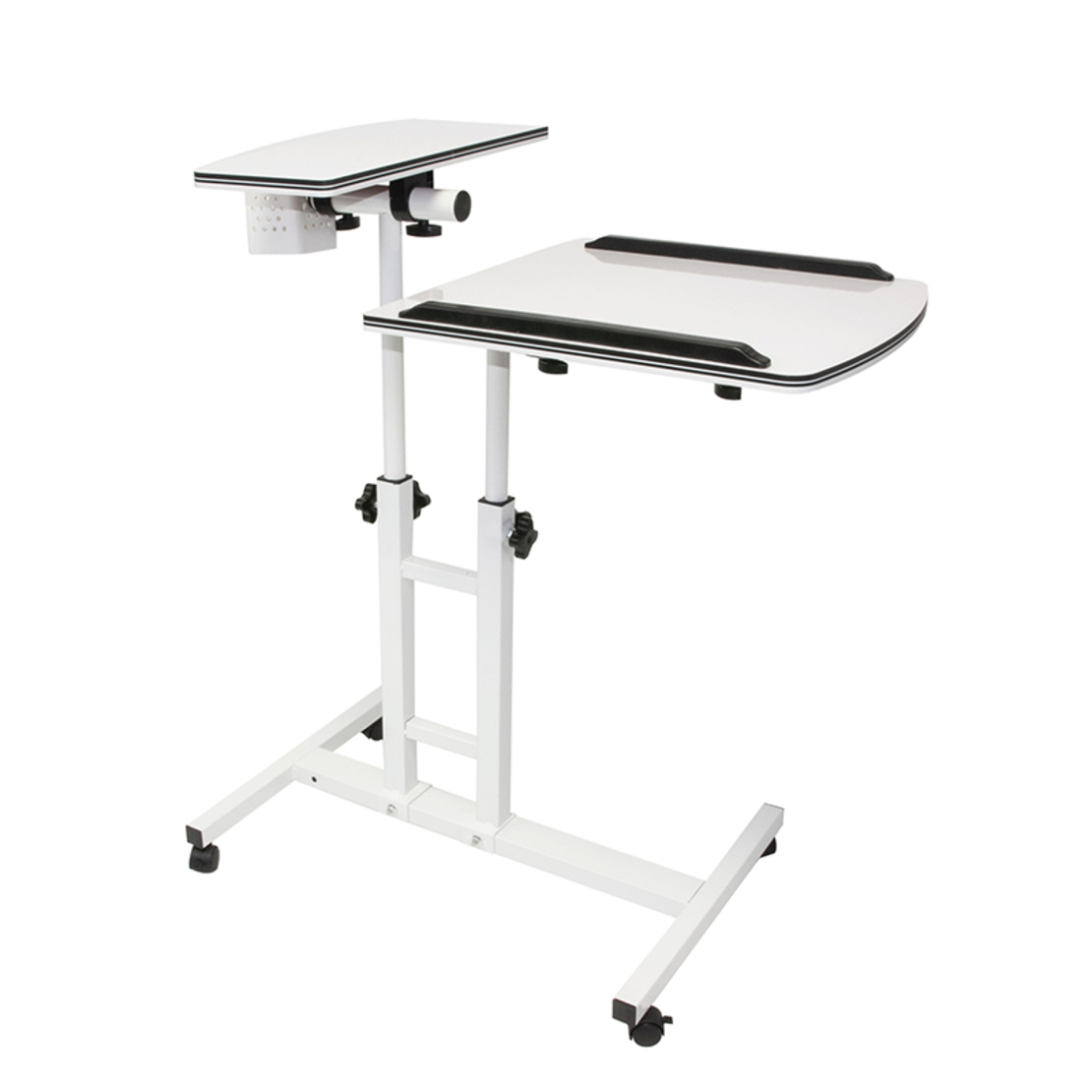 Masuta laptop reglabila cu 2 blaturi acrilice, pe roti cu blocare, 60-90 cm, alb perlat