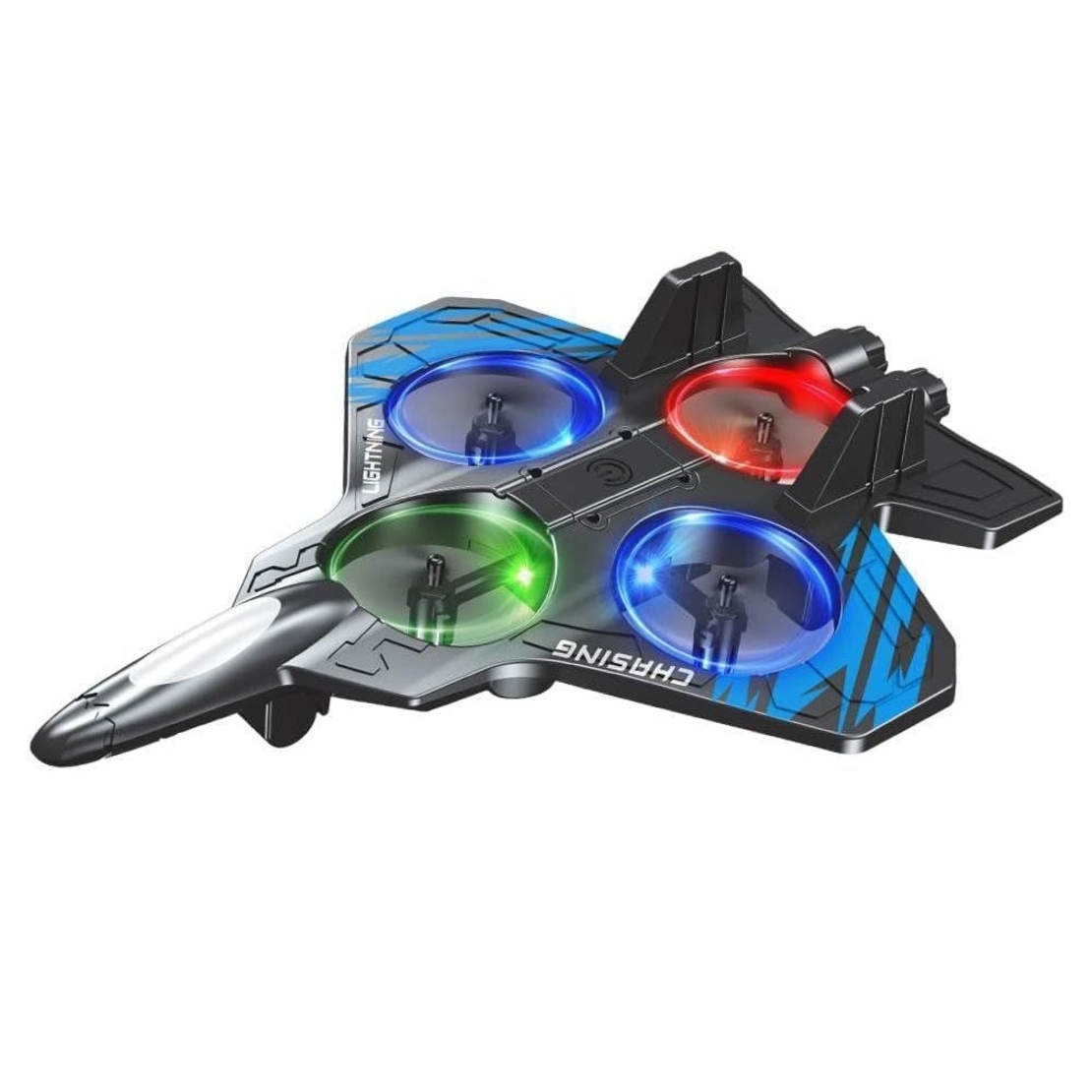 Avion de Lupta cu Telecomanda, Flippy, Tip Drona, din EVA (Spuma), cu Telecomanda, Incarcare USB, 2.4 GHz, Rotire 360°, Zbor pana la 120 m, LED, 25.5 x 18 x 5.2 cm, Negru-Albastru