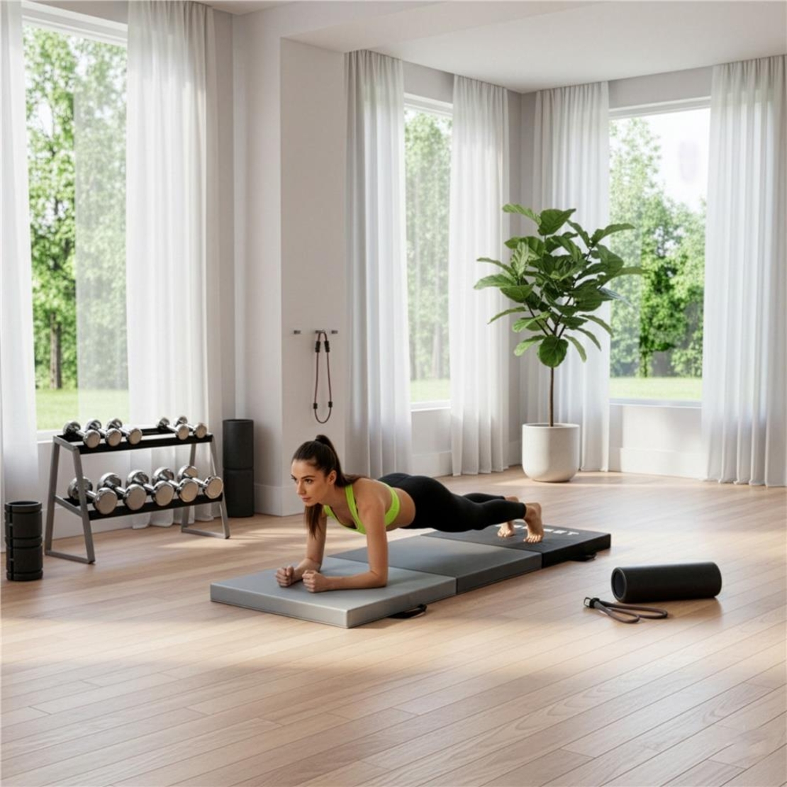 Saltea fitness pliabila 3 segmente, PVC si spuma EPE, 180x60x6 cm, negru si gri