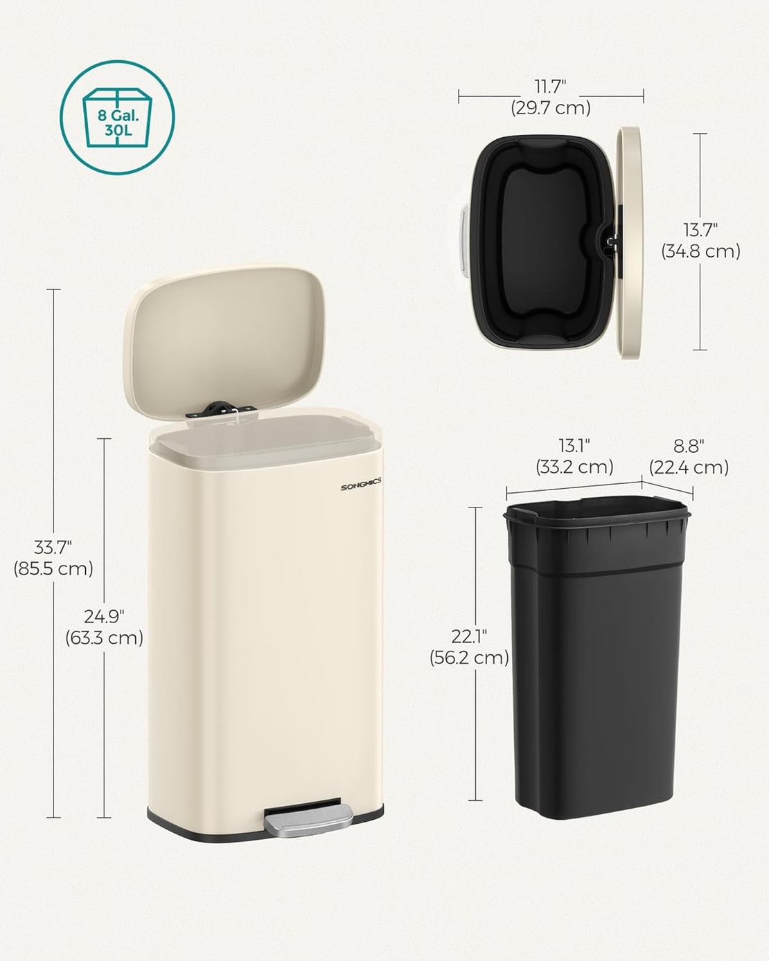 SONGMICS Cos de gunoi din otel cu pedala, galeata interioara plastic, capac inchidere lenta, 30L, 35x30x63cm, bej