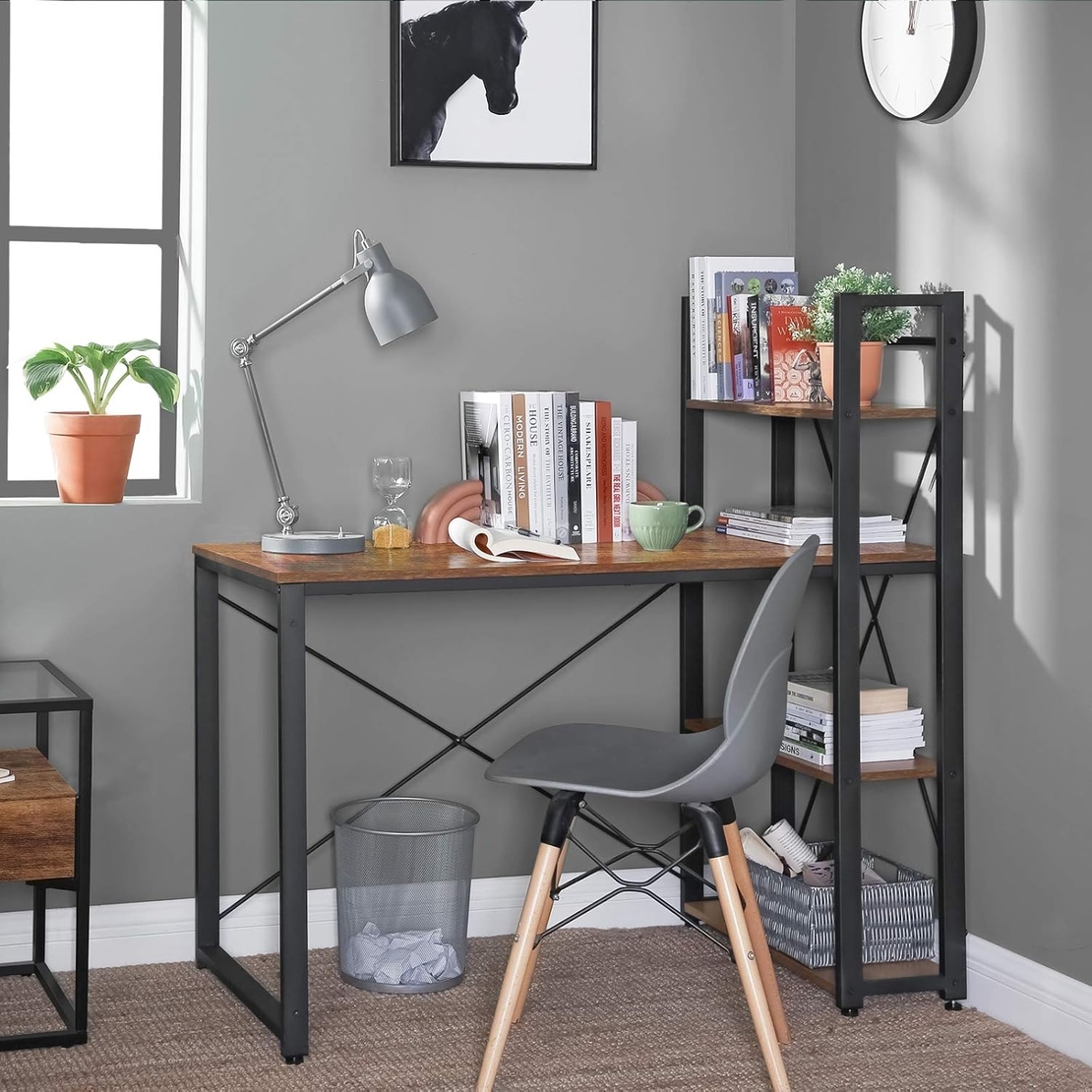 VASAGLE Birou cu raft lateral, montare stanga sau dreapta, industrial, 56x120x120 cm, maro
