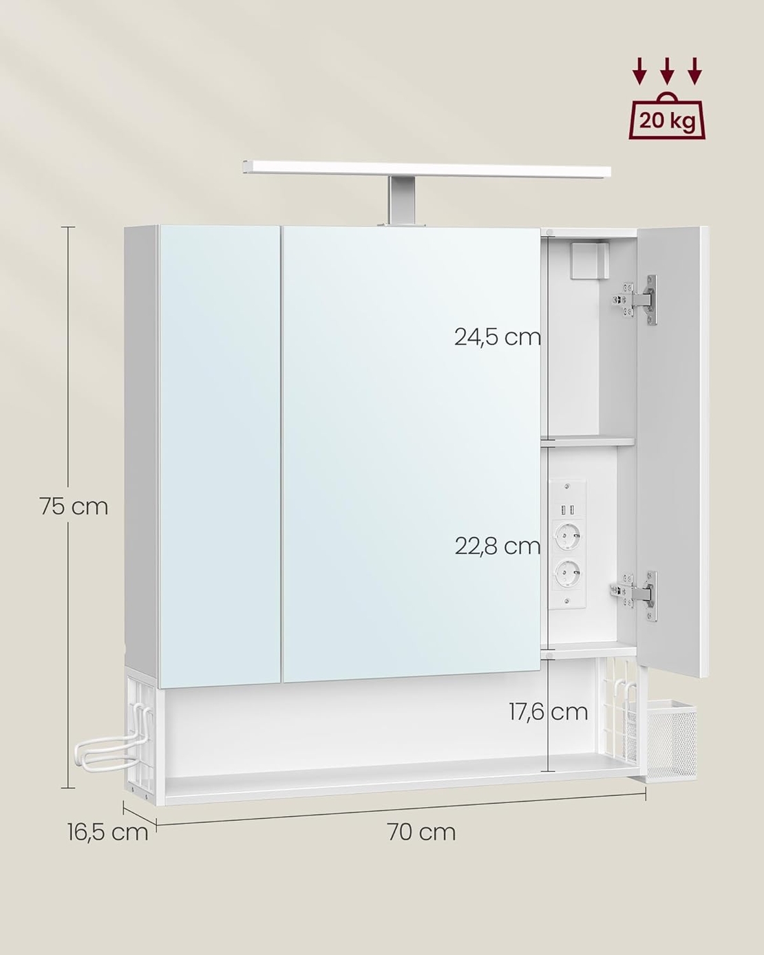 VASAGLE Dulap de baie de perete, cu oglinda si LED, prize si USB incorporate, 70x16x75 cm, alb