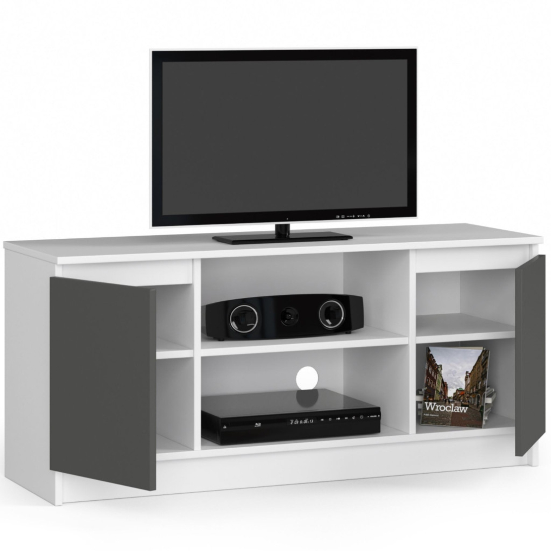Comoda TV cu 2 usi si o polita, PAL laminat 16 mm, 120x40x55 cm, alb si gri
