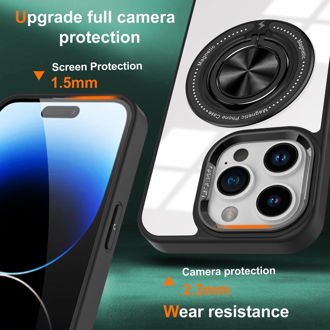Husa de Protectie TPU, Vafy, pentru iPhone 16 Pro Max, Anticadere, cu Incarcare Wireless, Tehnologie Magsafe, Inel Magnetic Rotativ cu Functie de Suport, Transparent-Negru