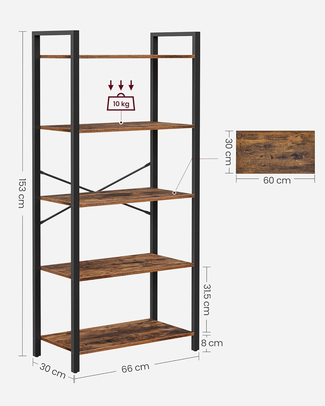 VASAGLE Biblioteca cu 5 etaje din lemn, cadru otel, stil industrial, 30x66x153cm, maro rustic si negru
