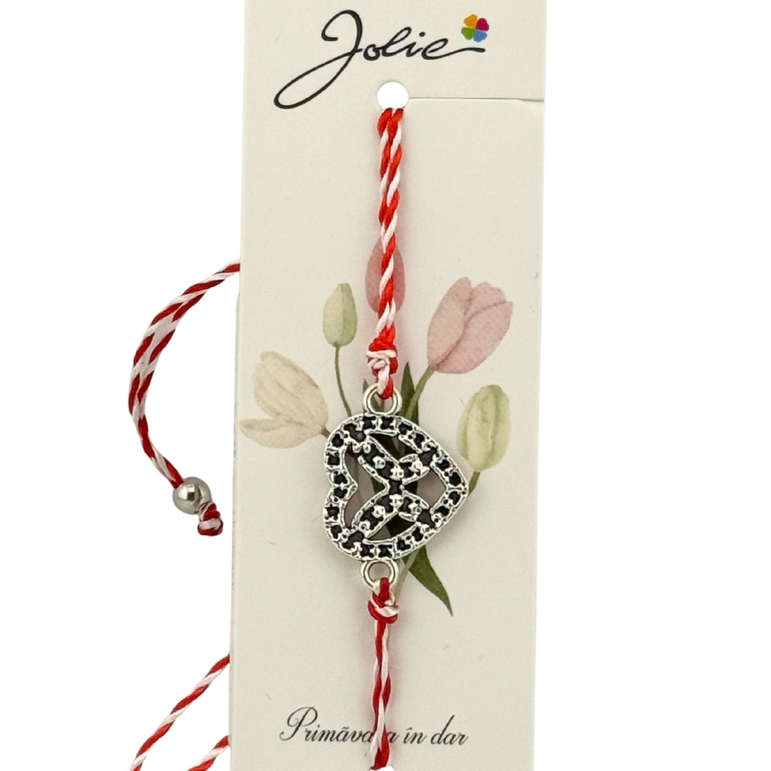 Martisor Bratara Snur Alb-Rosu, Jolie, Pandantiv Metalic, Model Inima cu Fluturas in interior