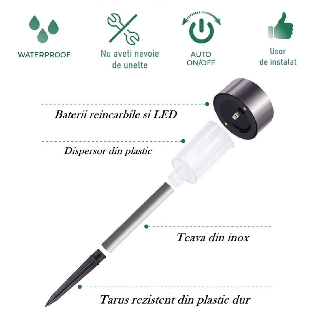 Lampa solara LED de Gradina, Flippy, Set 12 Bucati, Dispersor normal, putere 0.06W, Rezistenta IP 44, Lumina Alba Rece, 29 x 4.5 x 4.5 cm, Argintiu
