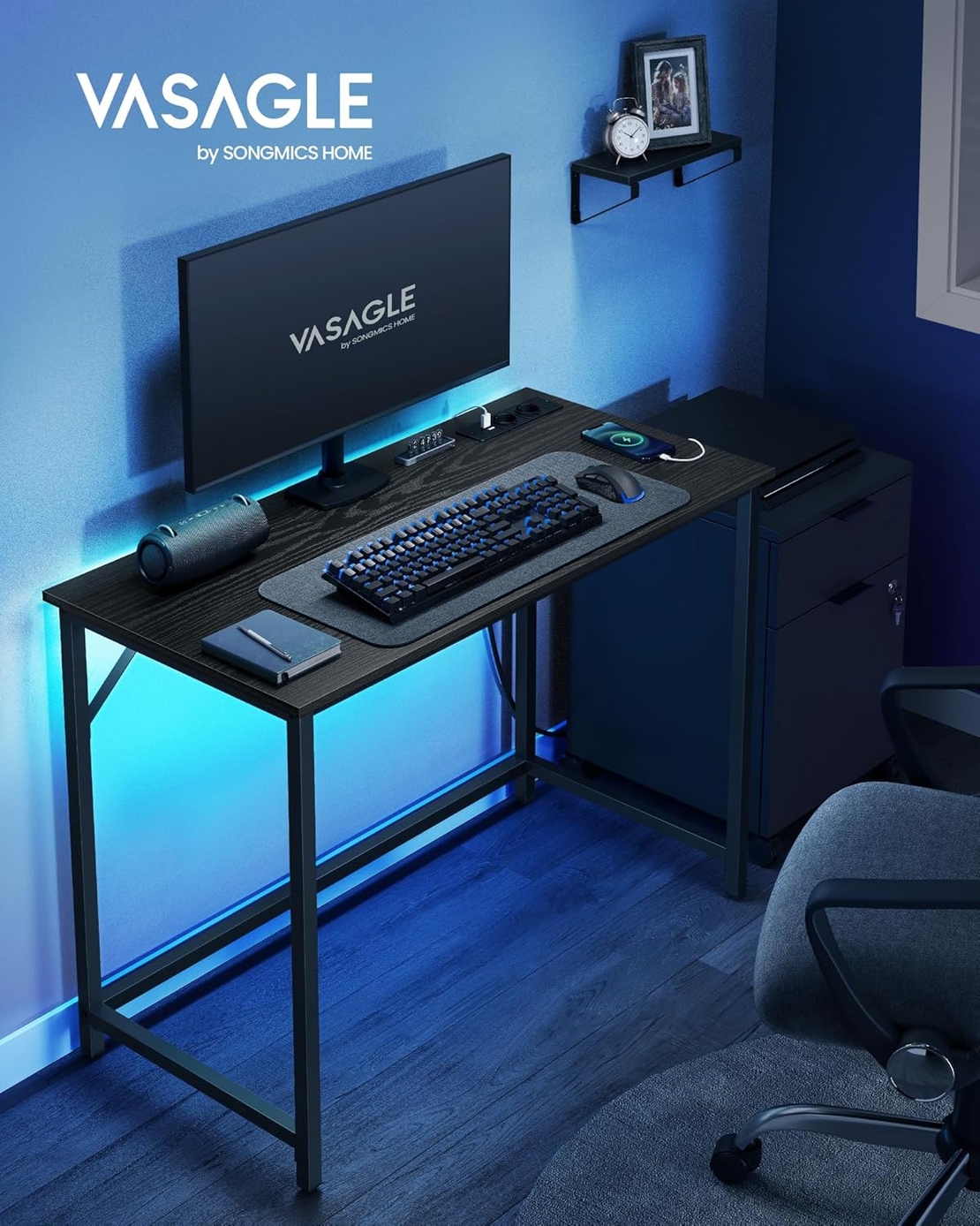 VASAGLE Birou cu iluminare LED, priza incorporata, 2 USB, 50x100x76 cm, negru