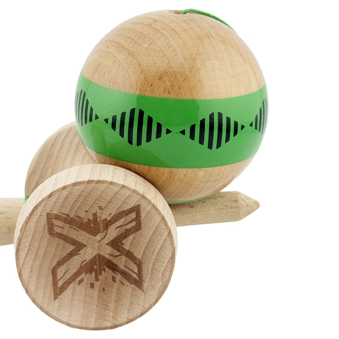 Kendama X Originala FREQUENCY, Profesionala, Flippy, Cupe Mari KING SIZE V3, Super Sticky, Gaura in Baza, Rulment Metalic, din lemn 18 cm, Ata 62/65 cm, Verde/Maro