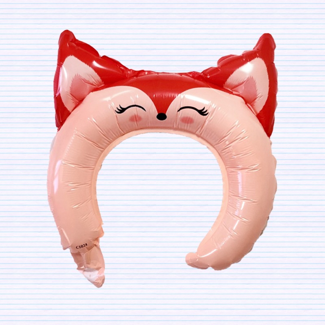 Balon din Folie Metalizata, Vafy, Tip Coronita cu Urechi, Model Vulpe, Ambalaj Individual, Pai Inclus, Umflare cu Aer sau Heliu, 27 x 29 cm, Rosu