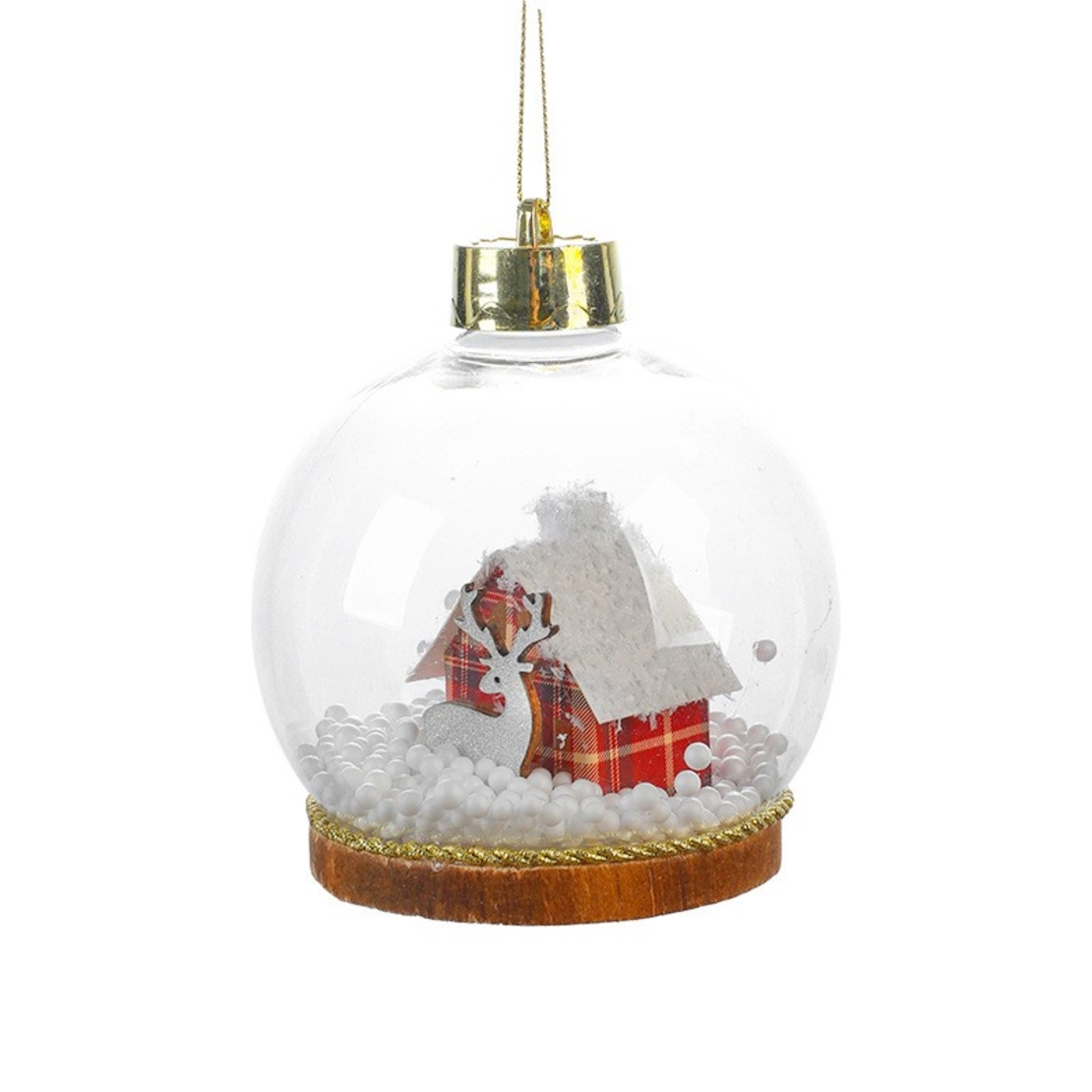 Glob pentru Bradul de Craciun LED, Flippy, Model B, Glob Transparent cu Figurina Casa si Ren iluminat LED, Diametrul 10 cm, Baza Solida, Transparent