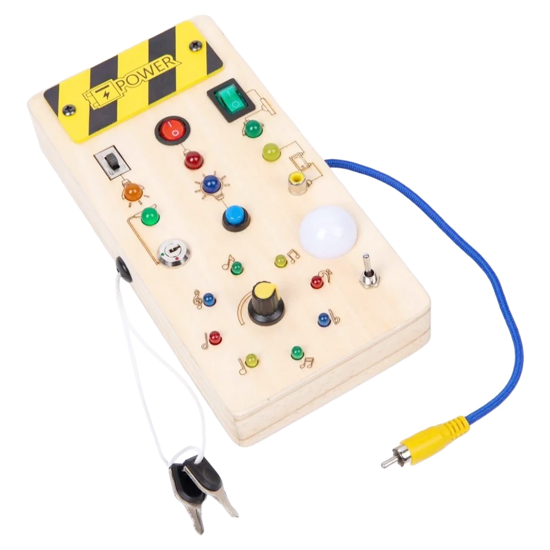 Jucarie Educativa Montessori pentru Copii, Flippy, Model Busy Board, Tableta din Lemn cu Circuit Luminos, 36 Comutatoare, Lumini LED, 19,5 x 9,7 x 3