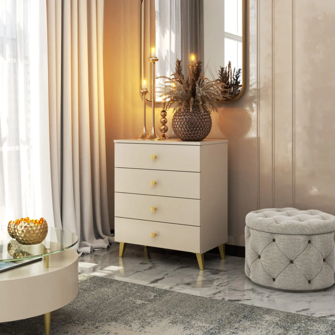 Comoda MOBI K-04, 4 sertare, 60x37x73 cm, casmir cu detalii aurii