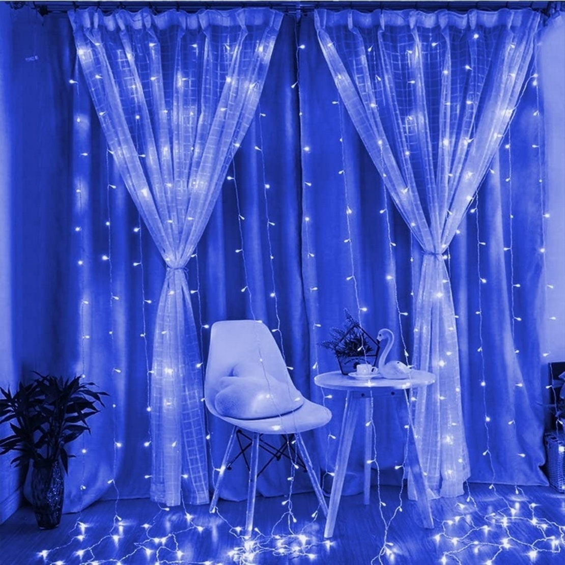 Instalatie Craciun, Tip Perdea, IP44, 10 m x 2 m, 1200 LED-uri, Albastru, cu flash, Transformator, Interconectabila, Prelungitor 5 m inclus, Fir transparent, Interior/ Exterior, Vafy