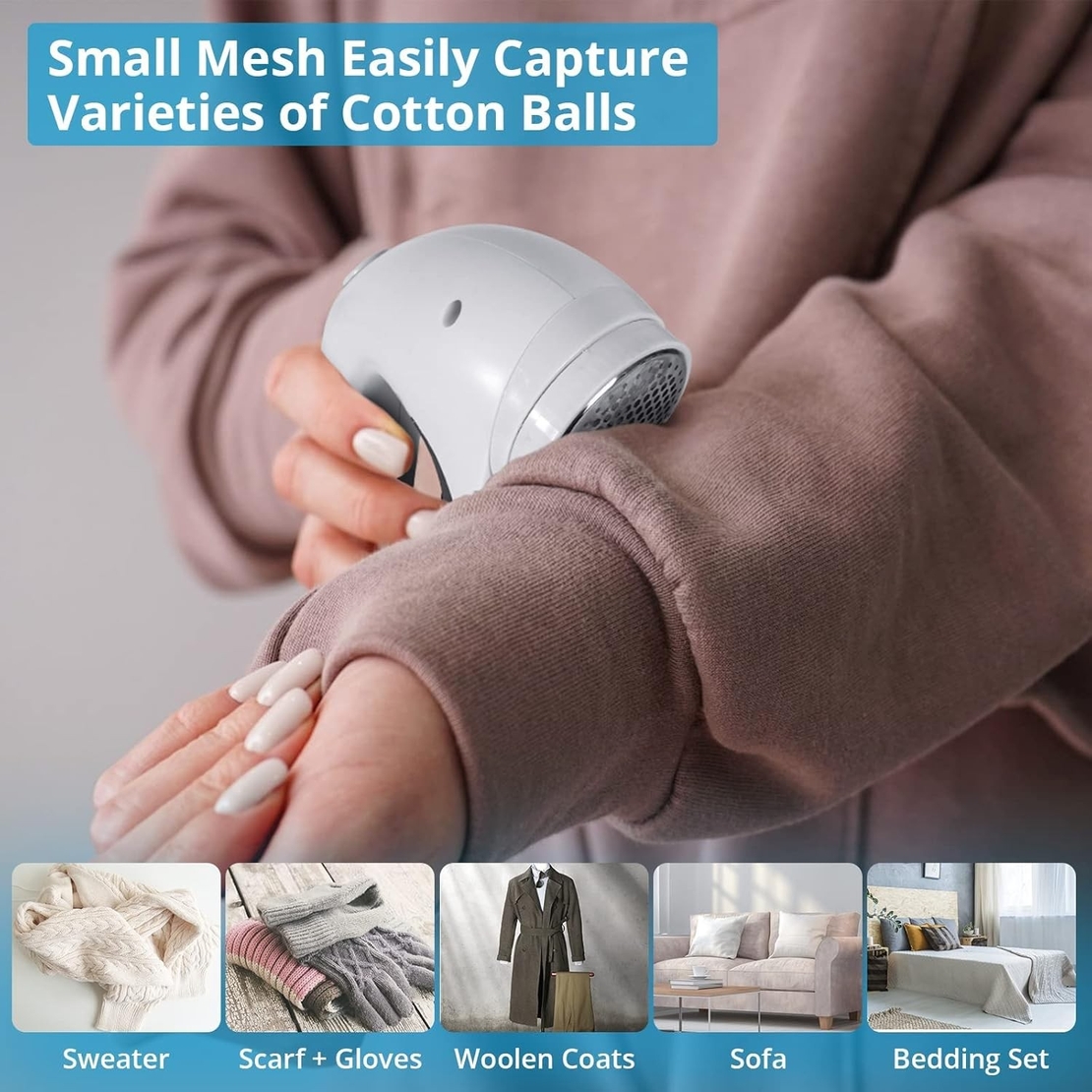 Aparat Pentru Curatat Scame, Par Si Praf, Vafy, Trimmer pentru Diferite Tipuri De Material, Cu Lame Din Otel Inoxidabil, Maner Ergonomic, Incarcare Prin USB, 15x6x9 cm, Alb