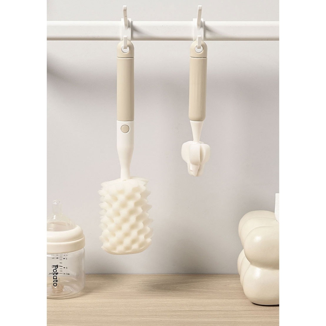 Set 3 Perii de Spalat Biberoane, Vafy, pentru Tetina, Biberon, Pai, Materiale Sigure, fara BPA, Curatare 360°, Bej