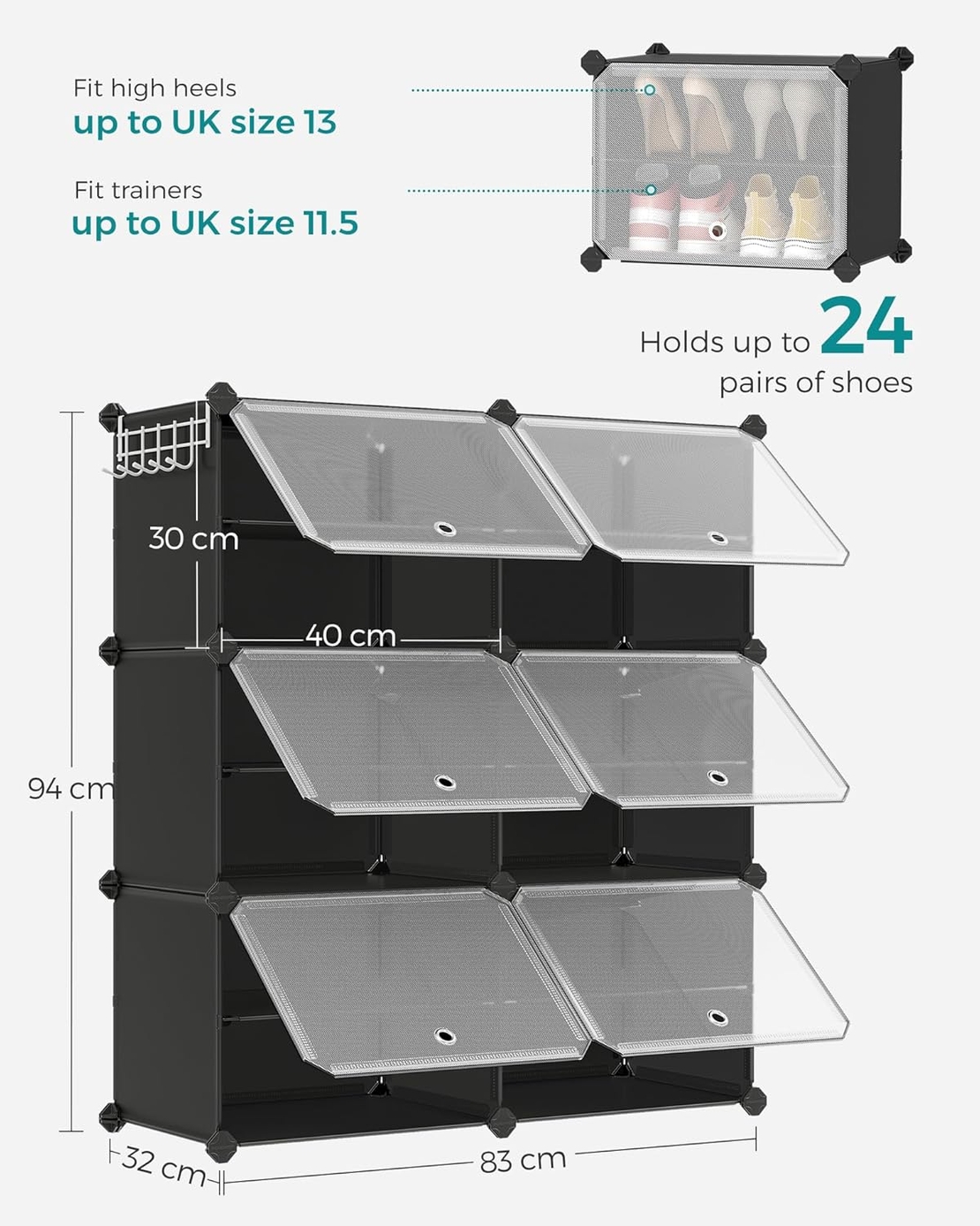 SONGMICS Dulap pantofi modular cu 6 compartimente, panouri plastic si cadru metalic, 83x32x94 cm, pana la 24 perechi, negru