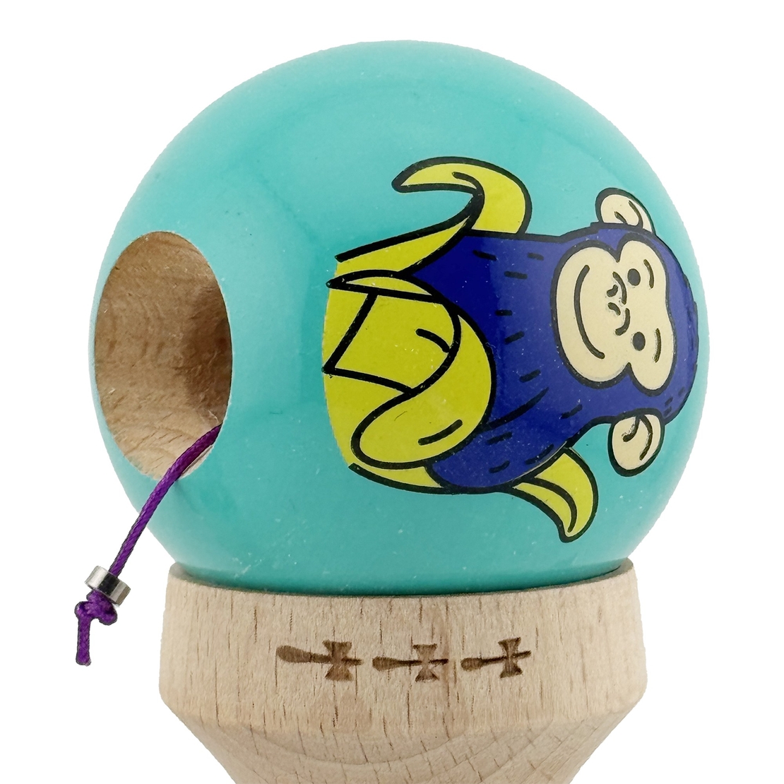 Kendama X Originala, Profesionala, Flippy, Blue Monkey, Super Sticky cu Cupe Mari King Size V3, Rulment Metalic si Gaura in Baza, din Lemn 18 cm, Ata 62/65 cm, Turcoaz