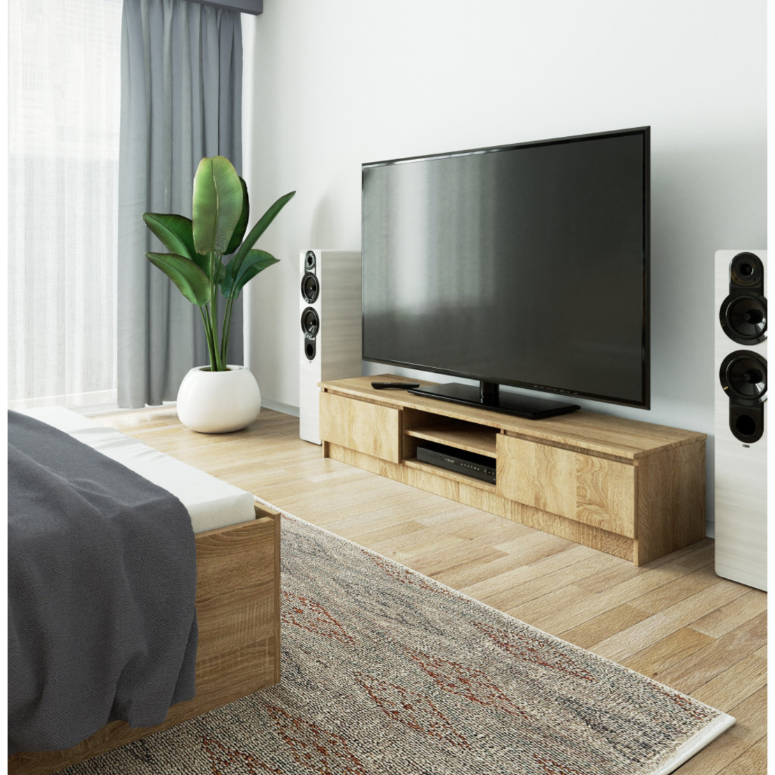 Comoda TV cu 2 usi si rafturi centrale, PAL laminat, 160x40x33 cm, stejar sonoma