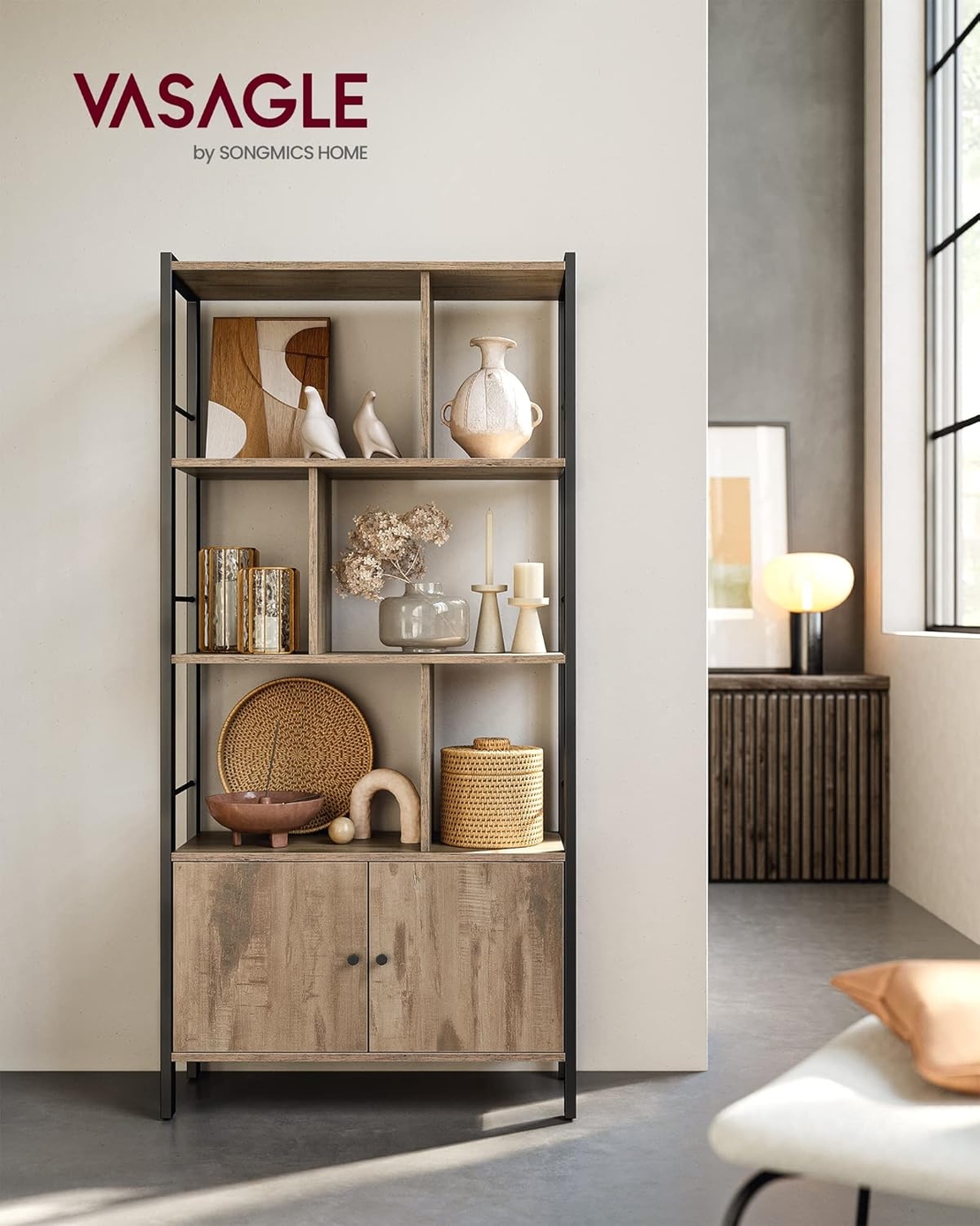 VASAGLE Biblioteca cu 4 rafturi si dulap inferior cu 2 usi, stil industrial, 74x30x155cm, stejar