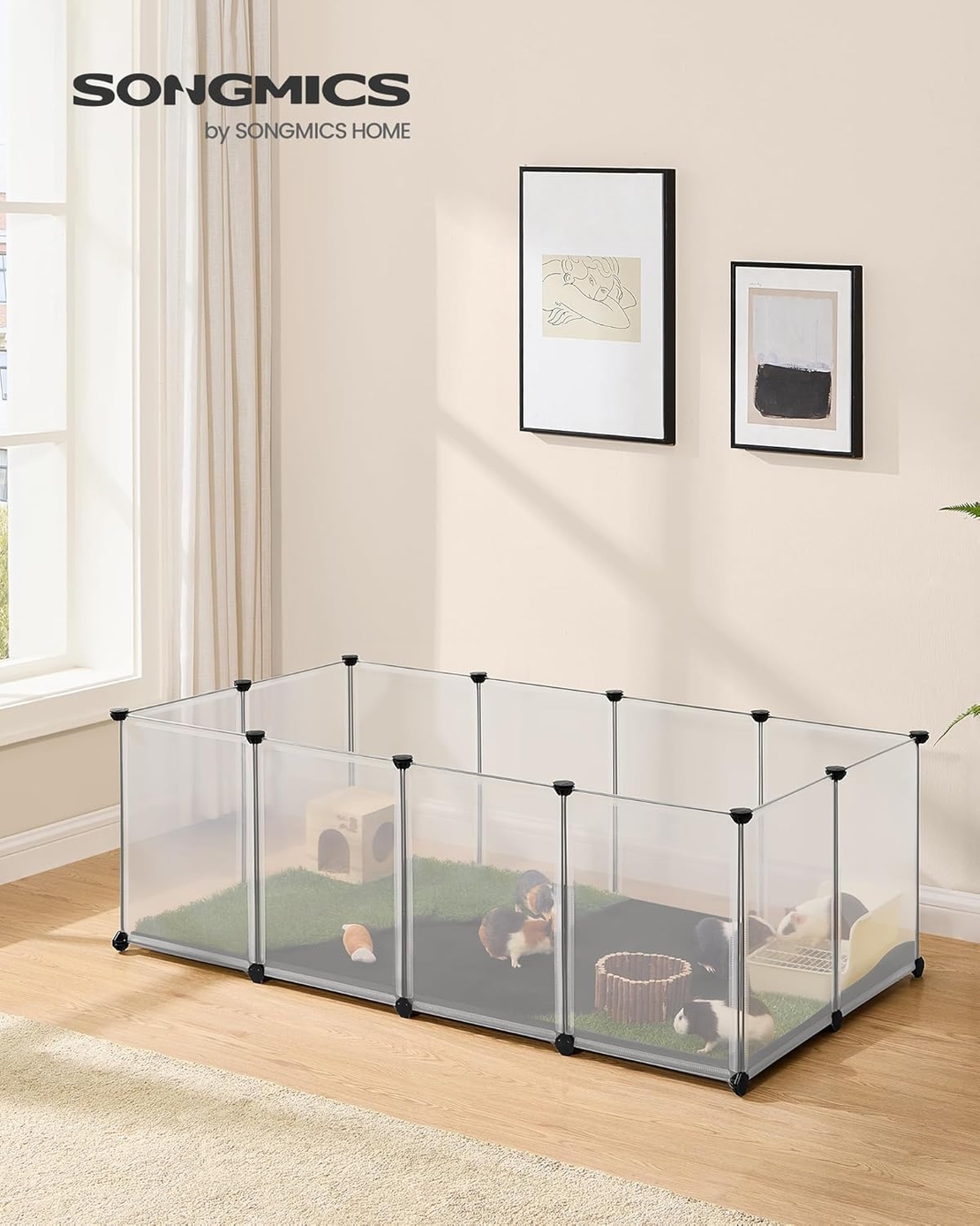 SONGMICS Tarc animale mici modular cu placi de baza si covoras impermeabil, 143x73x46 cm, transparent