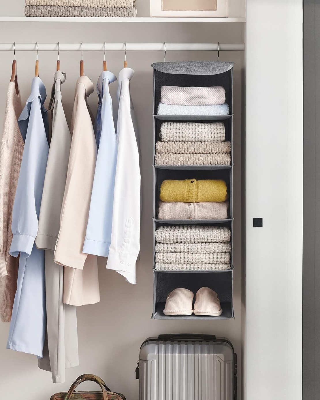 SONGMICS Raft suspendat organizator pentru dulapuri, pliabil, textil, 30x30x90cm, gri