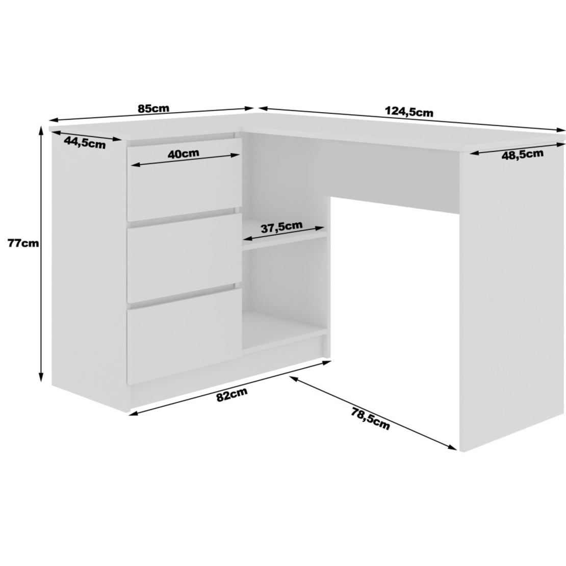 Birou colt stanga, cu 3 sertare si rafturi, PAL laminat, 124x85x77 cm, stejar craft