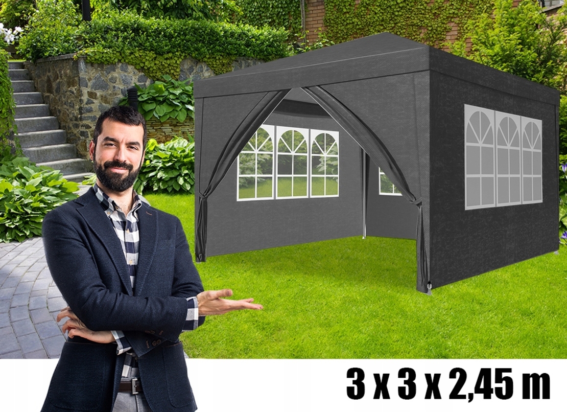 Cort pavilion de gradina, 300x300 cm, cu 4 pereti laterali cu ferestre, impermeabil cu rezistenta UV, gri