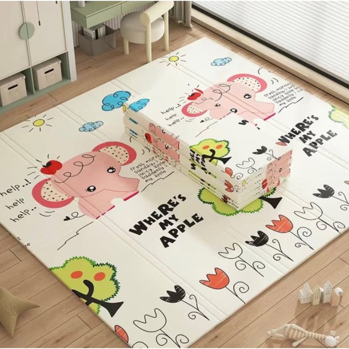 Covoras pentru Copii, Flippy, cu 2 Fete, Model Elefantei/Padure, din XPE+PE, Impermeabil, Antiderapant, Protectie Termica, +3 Luni, Pliabil, 180 x 200 x 1.5 cm, Multicolor