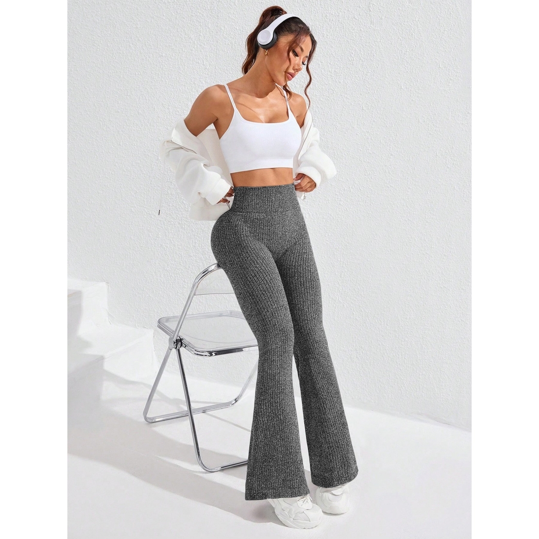 Pantaloni Sport de Dama, Flippy, pentru Yoga, Talie Inalta, Evazati, Tricotati, Gri Inchis, Marime S