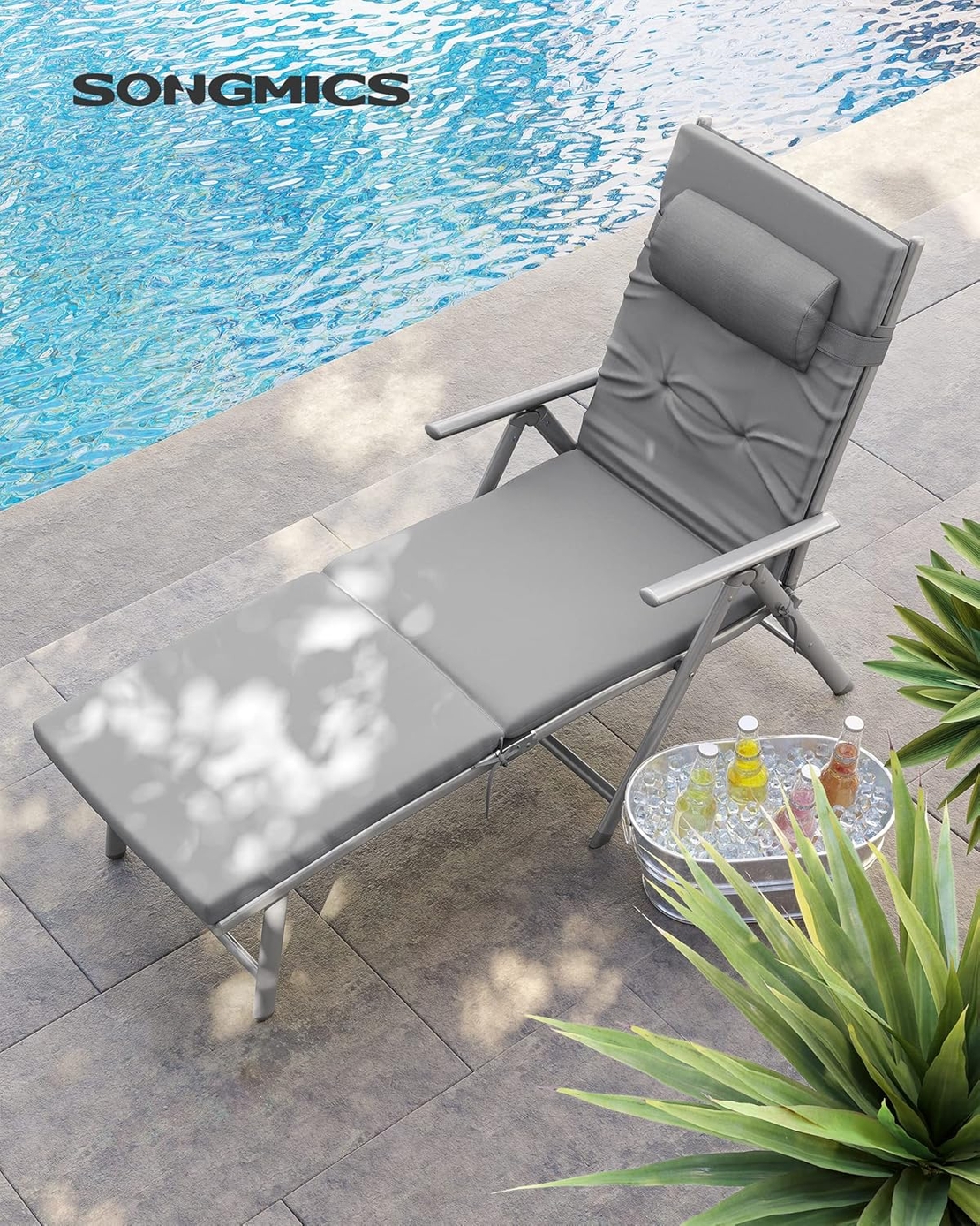 SONGMICS Sezlong pliabil, cu saltea groasa si tetiera, spatar reglabil, maxim 150kg, 183x60x39cm, gri