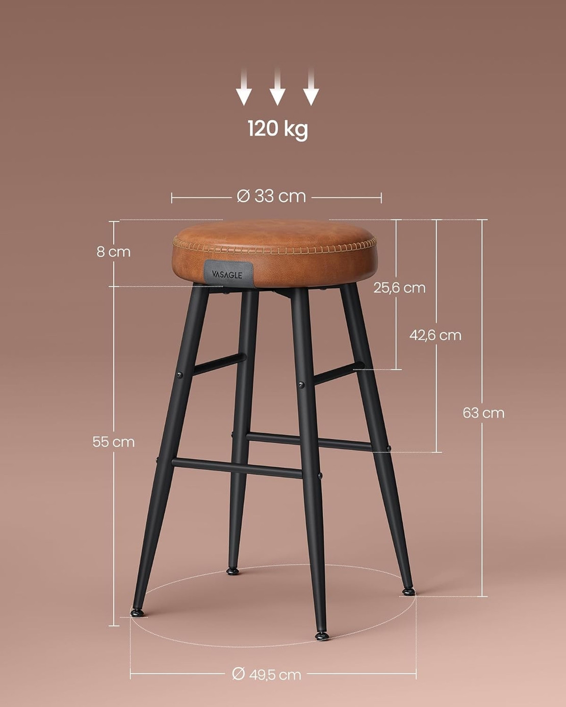 VASAGLE Set 2 scaune bar EKHO, tapiterie PU, cadru metalic, 50x50x63 cm, maro caramel