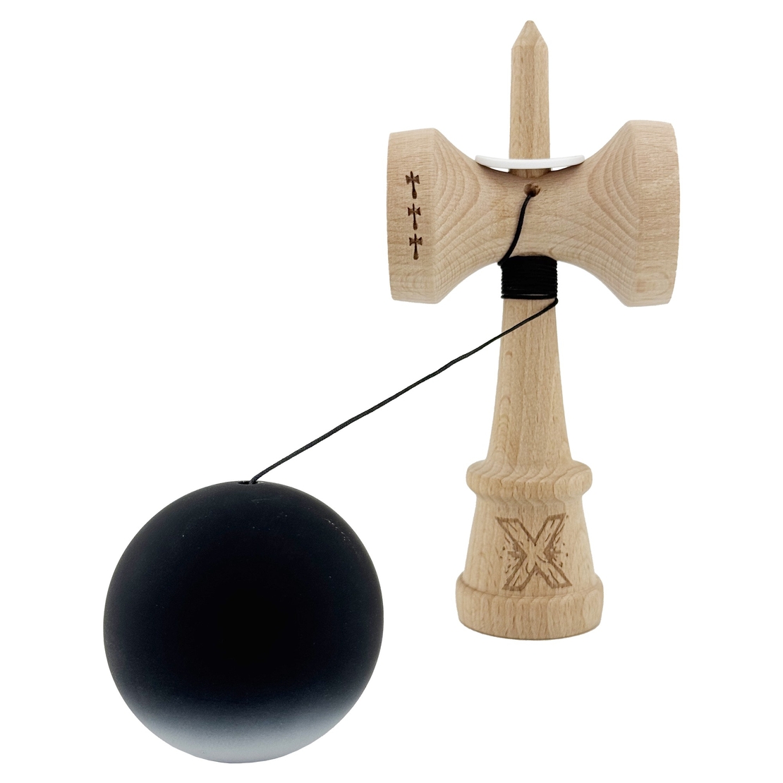 Kendama X Originala, Profesionala, Flippy, Cupe Mari KING SIZE V3, Rubber Grip, Gaura in Baza, Rulment Metalic, din lemn 18 cm, Ata 62/65 cm, Gradient Negru/Alb