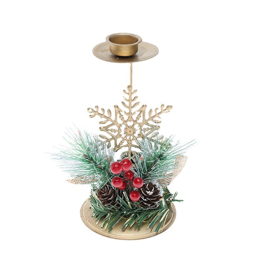 Suport Decorativ pentru Lumanare de Craciun, Flippy, Ornament pentru Lumanare, Model Fulg de Nea Auriu cu Crengute de Brad, din Art Metal, pentru Masa, fara Lumanare, 15 x 8 cm, Auriu